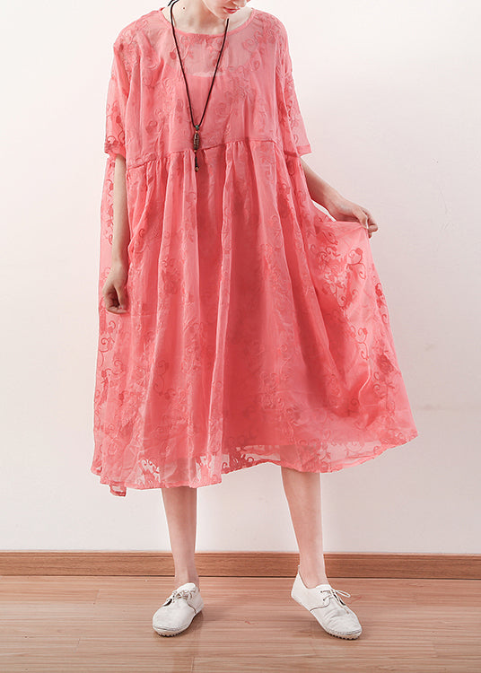 Unique Red Cotton Dresses Catwalk O Neck Cotton Summer Dress