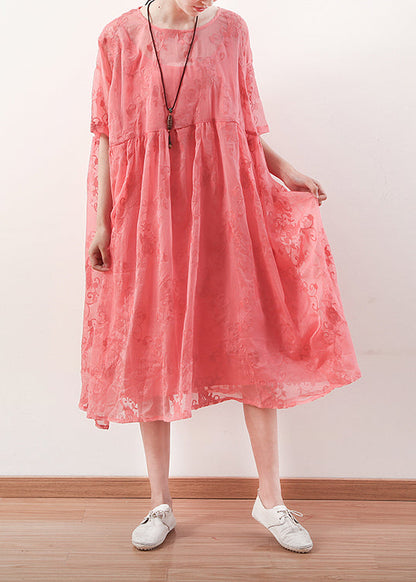Unique Red Cotton Dresses Catwalk O Neck Cotton Summer Dress