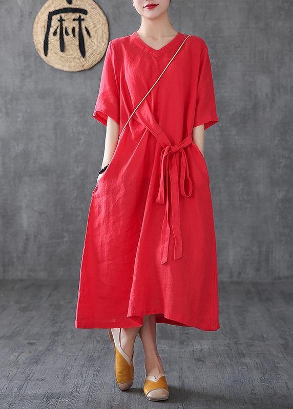 Unique Red Linen Clothes V Neck Maxi Dress