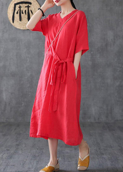 Unique Red Linen Clothes V Neck Maxi Dress