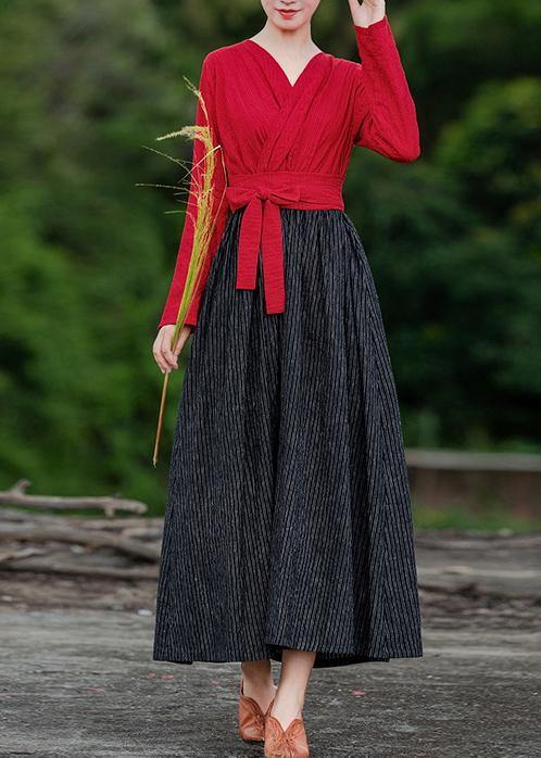 Unique Red Patchwork Striped Quilting Clothes V Neck Large Hem Robes Spring Dress