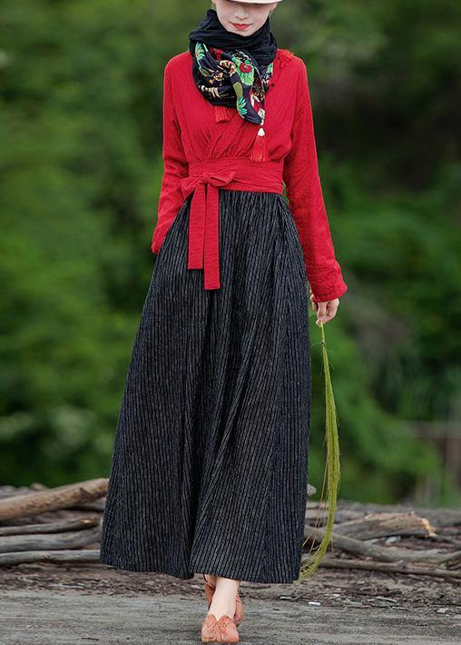 Unique Red Patchwork Striped Quilting Clothes V Neck Large Hem Robes Spring Dress