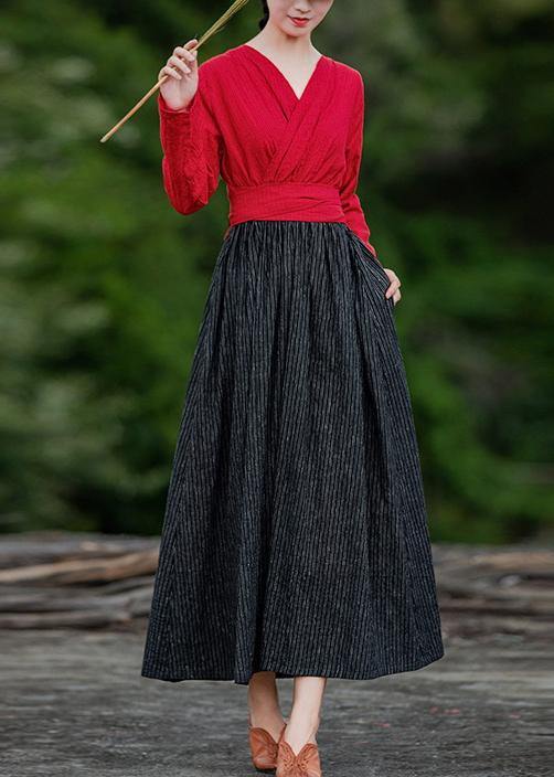 Unique Red Patchwork Striped Quilting Clothes V Neck Large Hem Robes Spring Dress