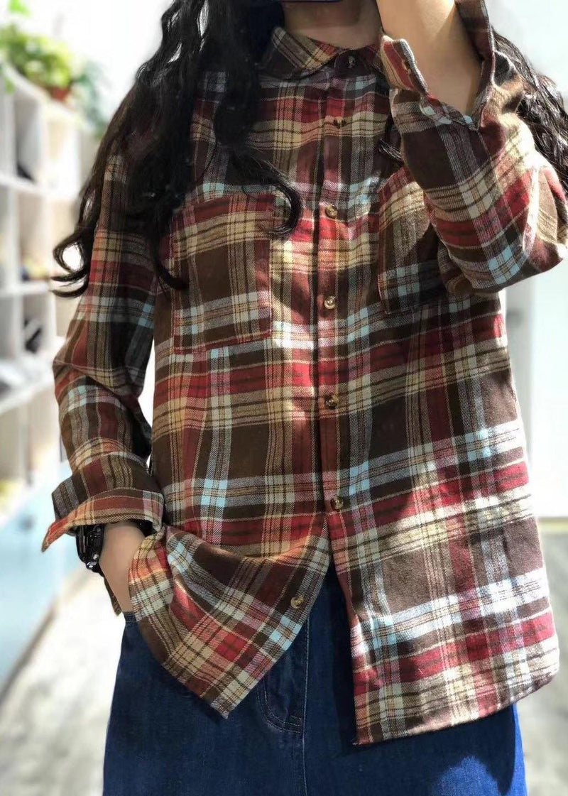 Unique Red Plaid Cotton Tunic Top Lapel Collar Silhouette Autumn Shirts