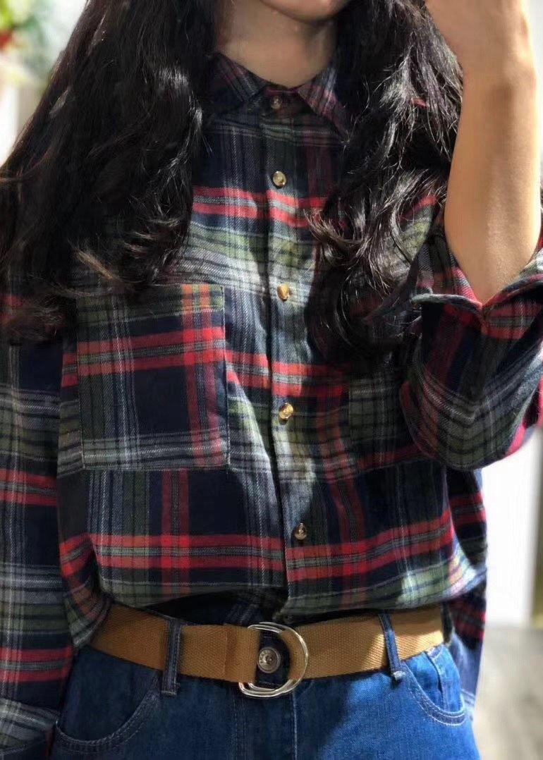 Unique Red Plaid Cotton Tunic Top Lapel Collar Silhouette Autumn Shirts