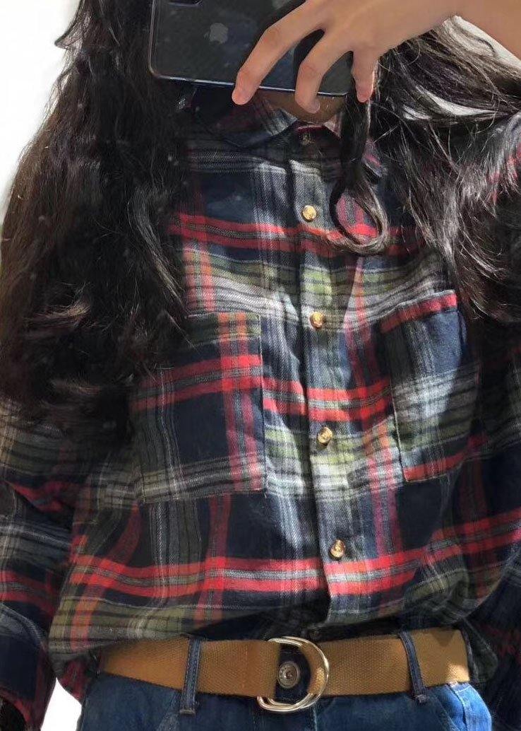 Unique red plaid cotton tunic top lapel collar silhouette autumn shirts