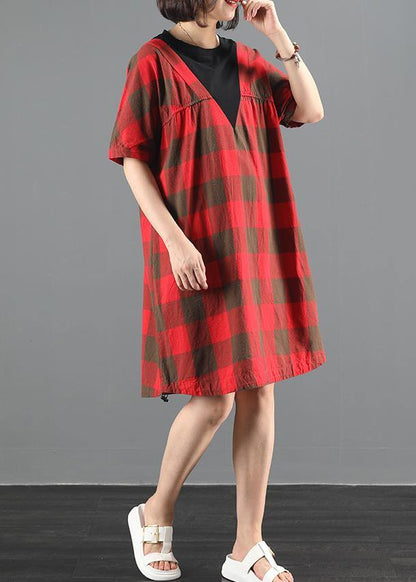 Unique Red Plaid Tunic Dresso Neck Patchwork a Line Summer Dresses