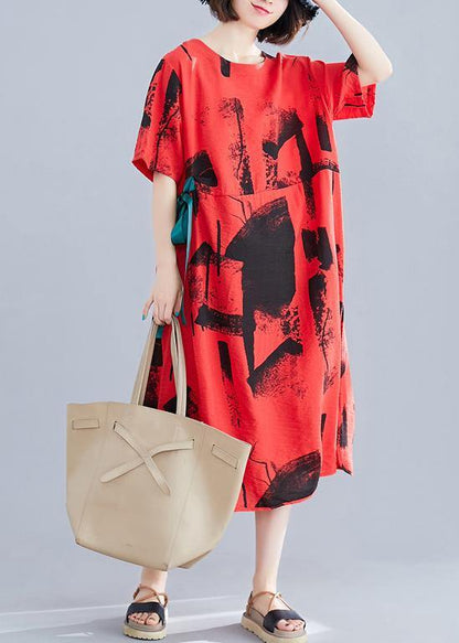 Unique Red Print Cotton Clothes O Neck Patchwork Traveling Summer Dresses