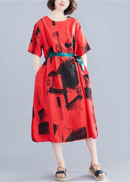 Unique Red Print Cotton Clothes O Neck Patchwork Traveling Summer Dresses