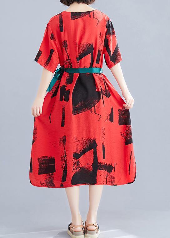 Unique Red Print Cotton Clothes O Neck Patchwork Traveling Summer Dresses