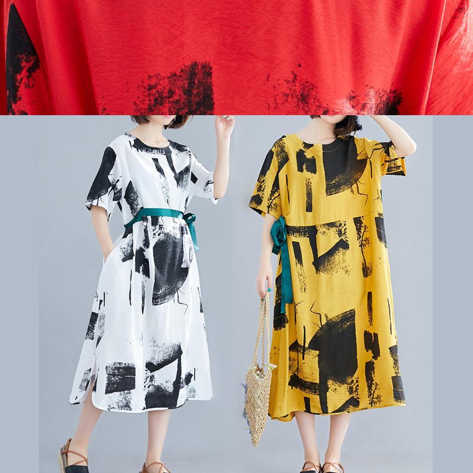 Unique Red Print Cotton Clothes O Neck Patchwork Traveling Summer Dresses
