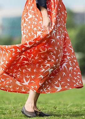 Unique Red Print Linen Dresses Patchwork O Neck Maxi Summer Dresses