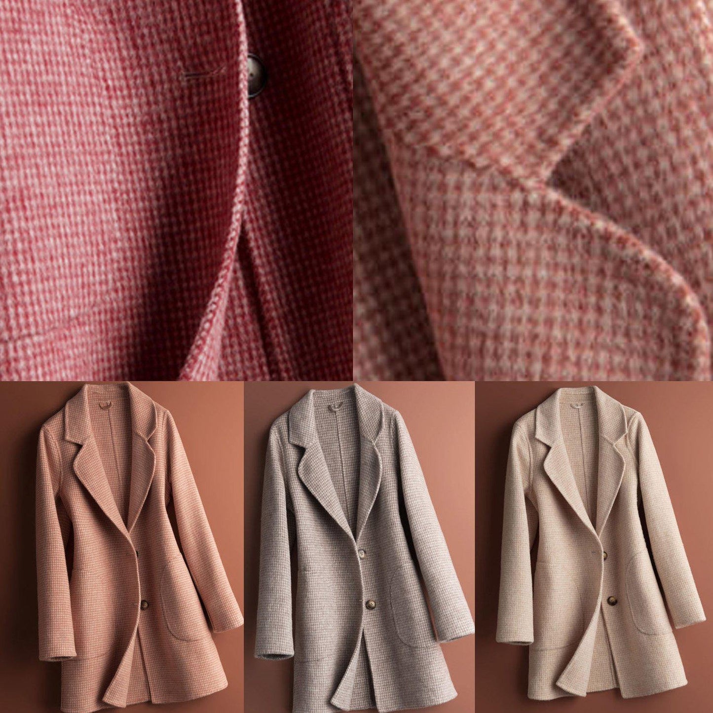 Unique Rose Plaid Fine Tunics for Neckline Notched Pockets Coat