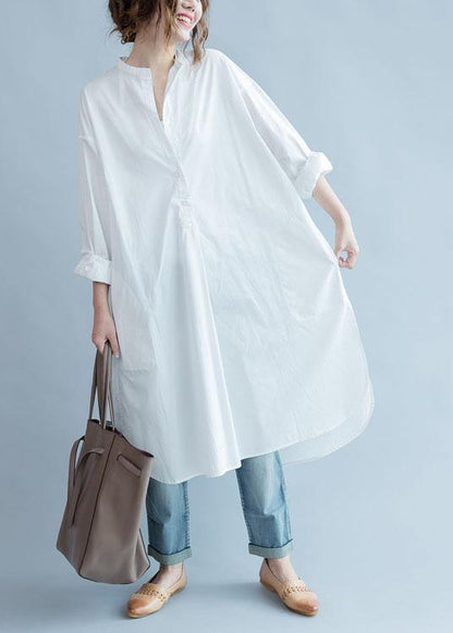 Unique Side Open Cotton Tunic Pattern White Dresses Fall