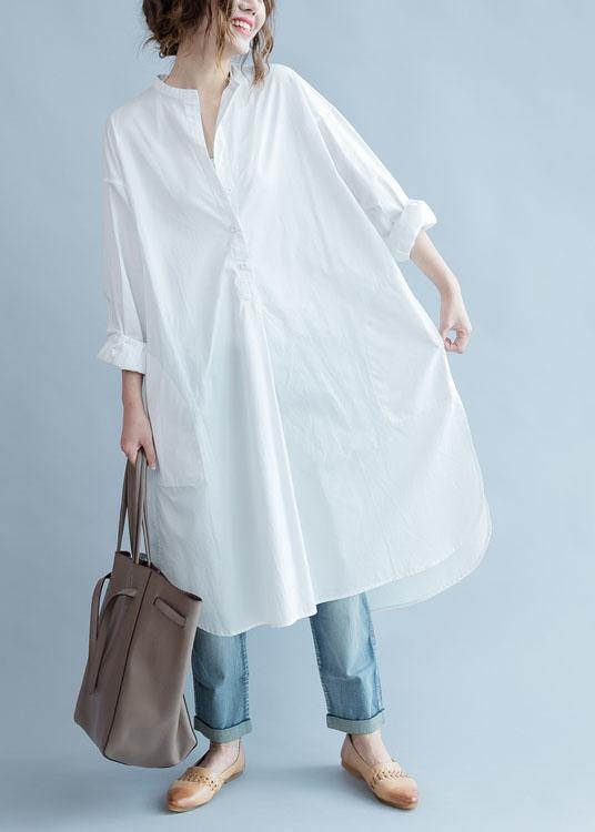 Unique Side Open Cotton Tunic Pattern White Dresses Fall