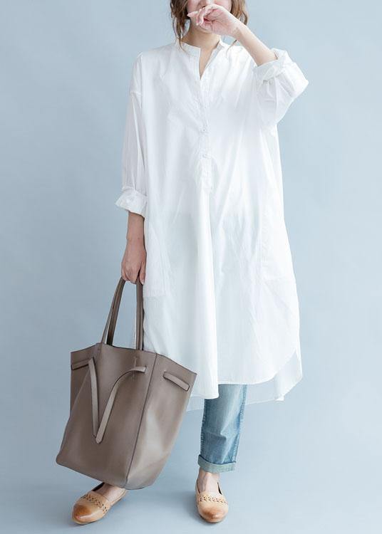 Unique Side Open Cotton Tunic Pattern White Dresses Fall