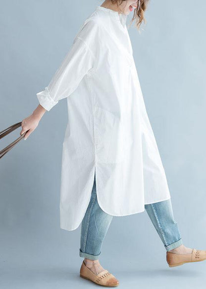 Unique Side Open Cotton Tunic Pattern White Dresses Fall