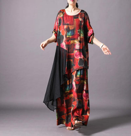 Unique Silk Clothes Omychic Print Spliced Irregular Blouse and Wide Leg Pants