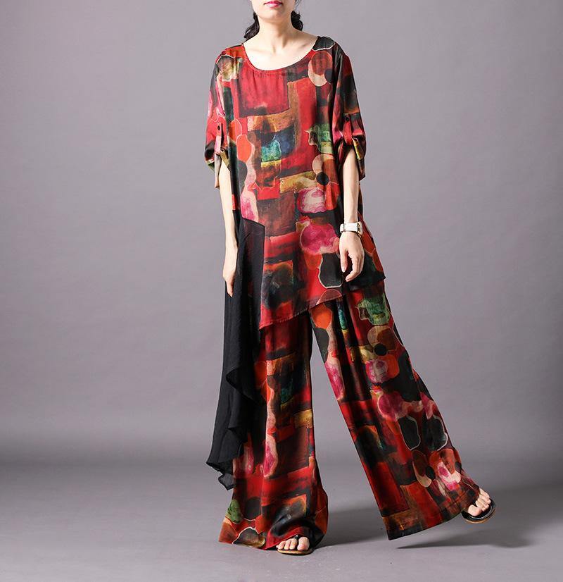 Unique Silk Clothes Omychic Print Spliced Irregular Blouse and Wide Leg Pants