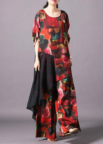 Unique Silk Clothes Omychic Print Spliced Irregular Blouse and Wide Leg Pants
