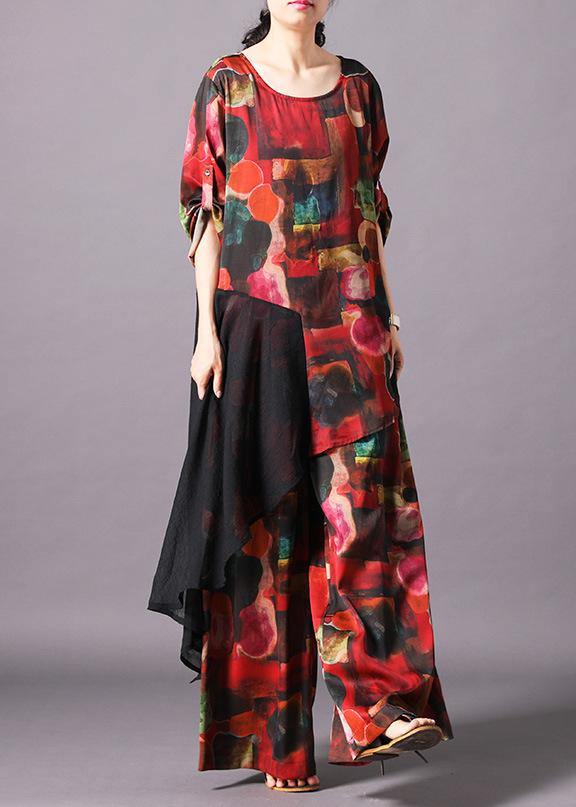 Unique Silk Clothes Omychic Print Spliced Irregular Blouse and Wide Leg Pants