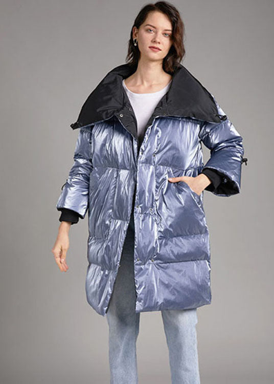 Unique Silver Grey Stand Collar Pockets Slim Fit Winter Duck Down Coat