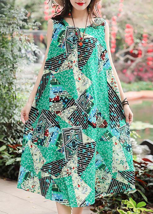 Unique Sleeveless Tie Waist Cotton Quilting Clothes Ideas Green Print Long Dresses Summer