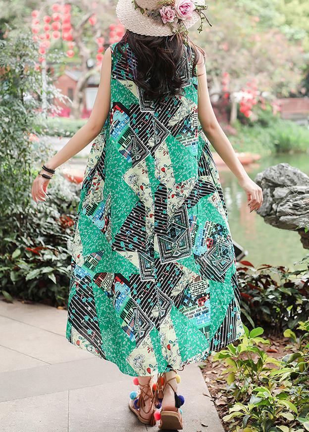 Unique Sleeveless Tie Waist Cotton Quilting Clothes Ideas Green Print Long Dresses Summer