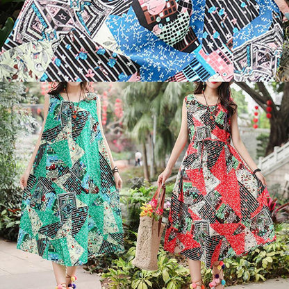 Unique Sleeveless Tie Waist Cotton Quilting Clothes Ideas Green Print Long Dresses Summer