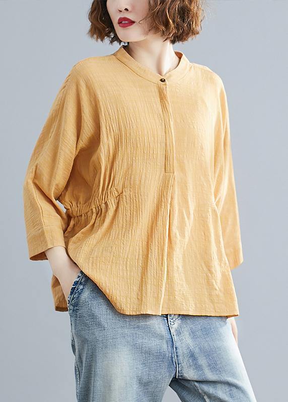 Unique Stand Collar Batwing Sleeve Cotton Tunics for Shirts Yellow Blouse