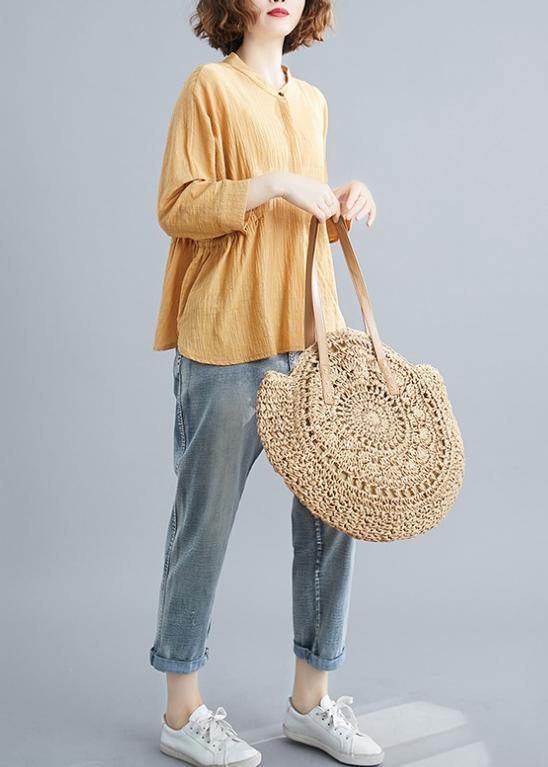 Unique Stand Collar Batwing Sleeve Cotton Tunics for Shirts Yellow Blouse