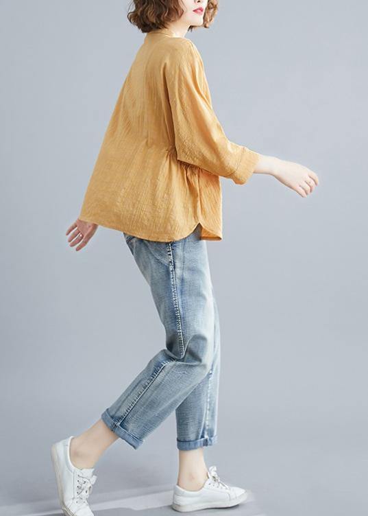 Unique Stand Collar Batwing Sleeve Cotton Tunics for Shirts Yellow Blouse