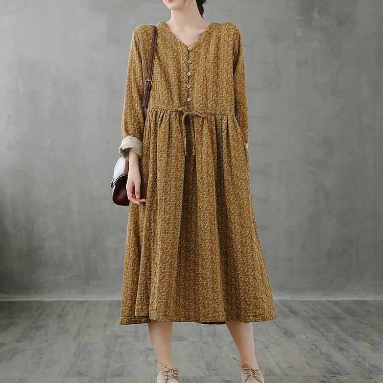 Unique Stand Collar Drawstring Fall Dresses Yellow Print Art Dresses
