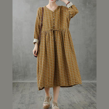 Unique Stand Collar Drawstring Fall Dresses Yellow Print Art Dresses