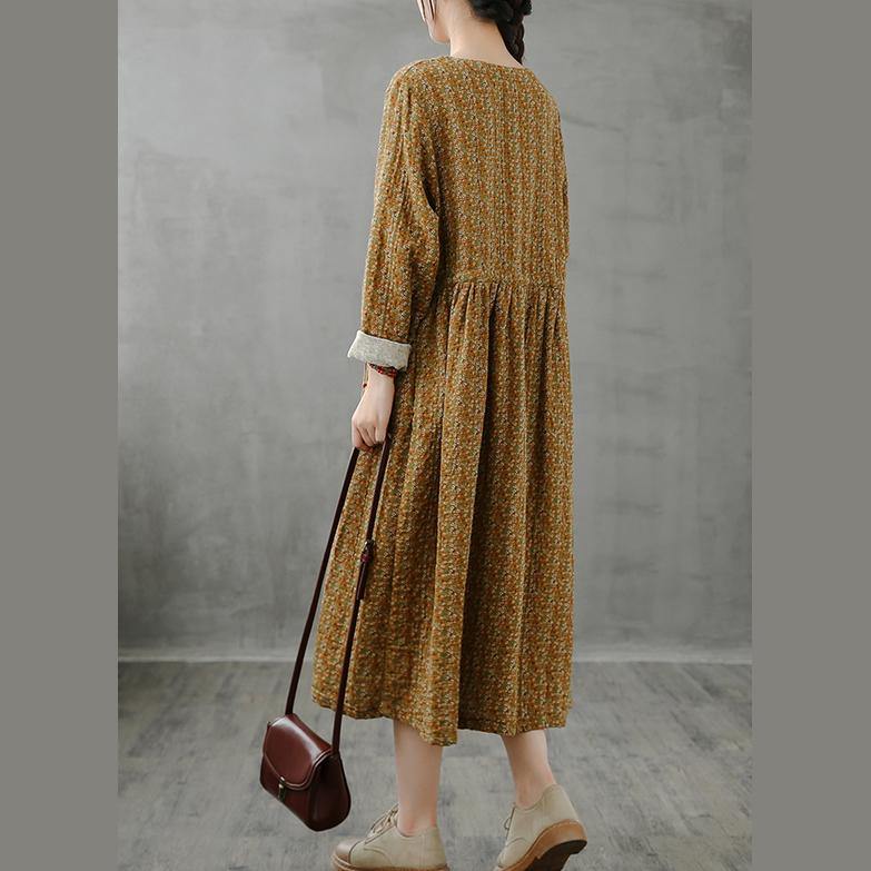 Unique Stand Collar Drawstring Fall Dresses Yellow Print Art Dresses