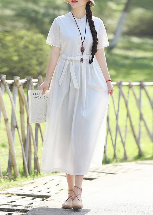 Unique Stand Collar Linen Cotton Dress Sewing White Traveling Dress Summer