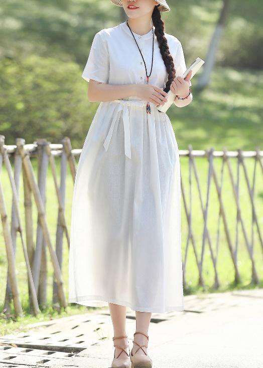 Unique Stand Collar Linen Cotton Dress Sewing White Traveling Dress Summer