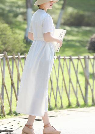 Unique Stand Collar Linen Cotton Dress Sewing White Traveling Dress Summer