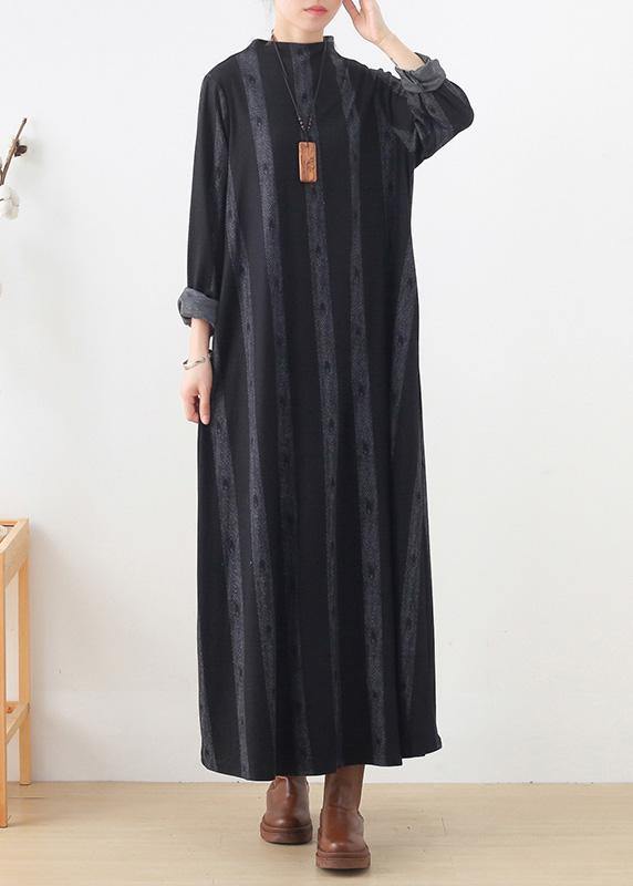 Unique Stand Collar Pockets Fall Dresses Work Black Striped Dresses