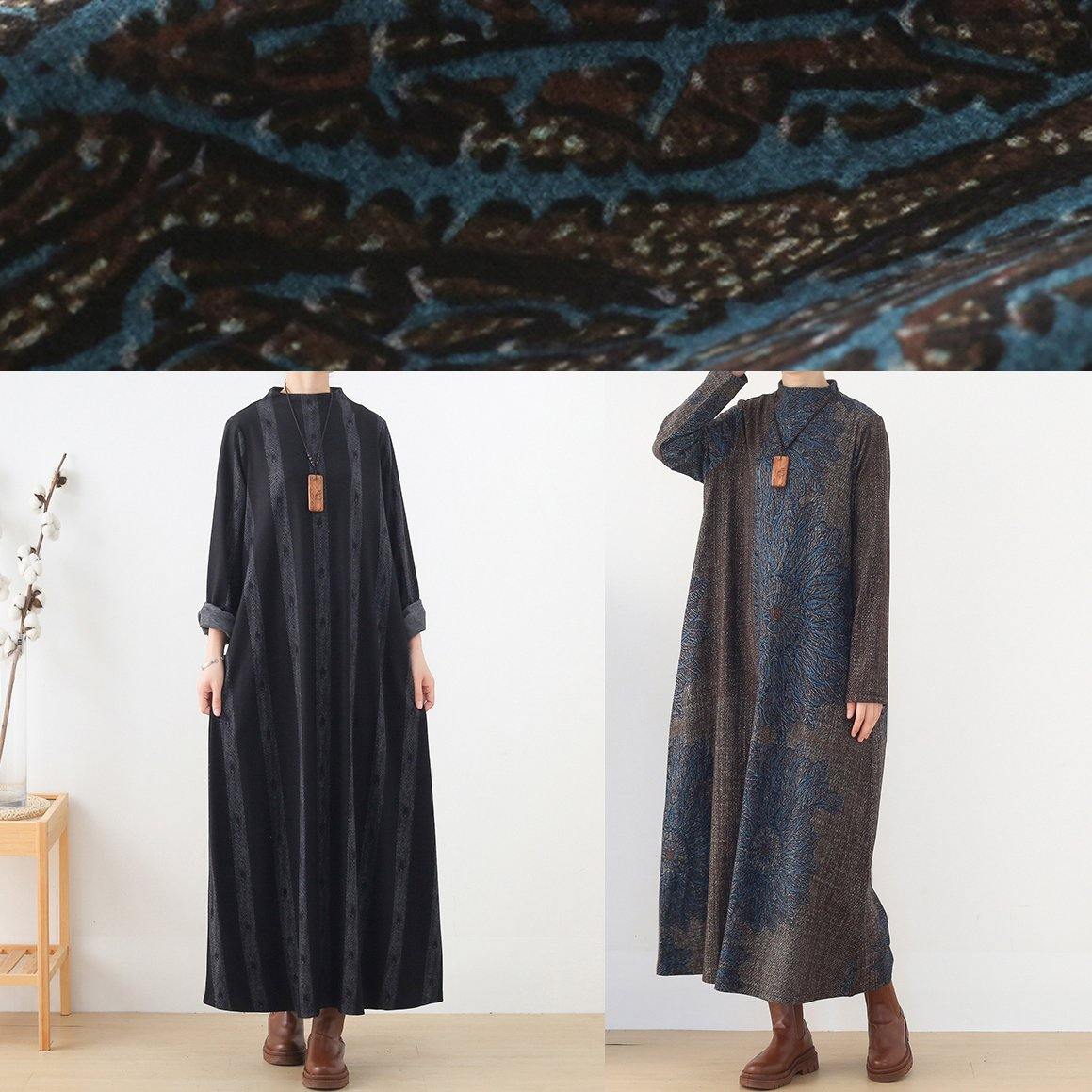 Unique Stand Collar Pockets Fall Dresses Work Black Striped Dresses