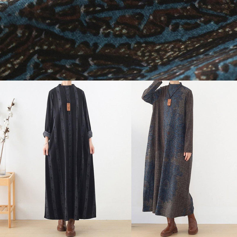 Unique Stand Collar Pockets Fall Dresses Work Black Striped Dresses