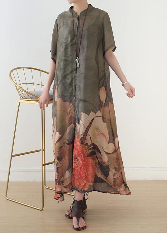 Unique Stand Collar Side Open Chiffon Outfit Boutique Ideas Chocolate Print Dresses