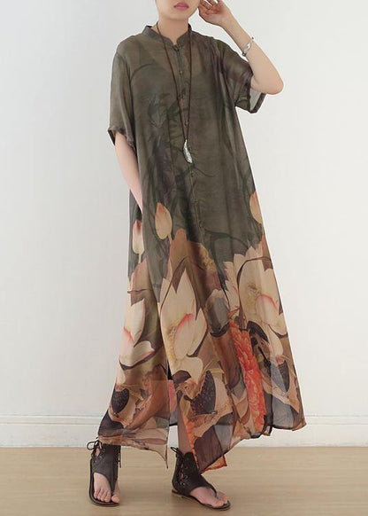 Unique Stand Collar Side Open Chiffon Outfit Boutique Ideas Chocolate Print Dresses