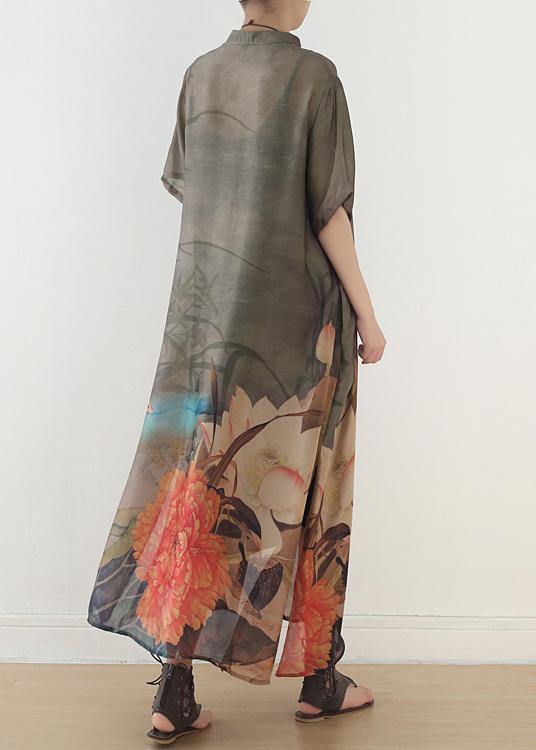 Unique Stand Collar Side Open Chiffon Outfit Boutique Ideas Chocolate Print Dresses