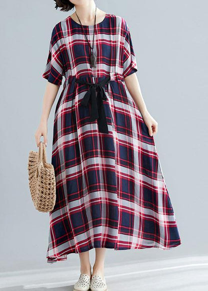 Unique Tie Waist Cotton Clothes for Shape Red Plaid Cotton Dresses Summer