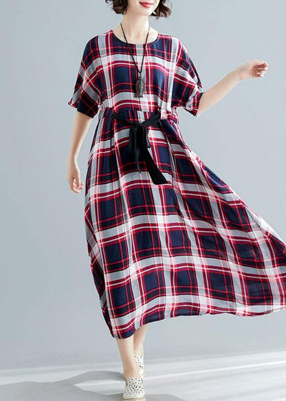 Unique Tie Waist Cotton Clothes for Shape Red Plaid Cotton Dresses Summer