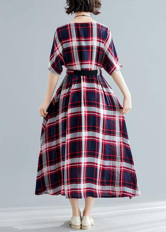 Unique Tie Waist Cotton Clothes for Shape Red Plaid Cotton Dresses Summer