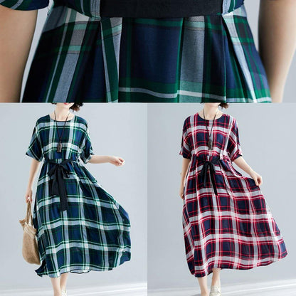 Unique Tie Waist Cotton Clothes for Shape Red Plaid Cotton Dresses Summer