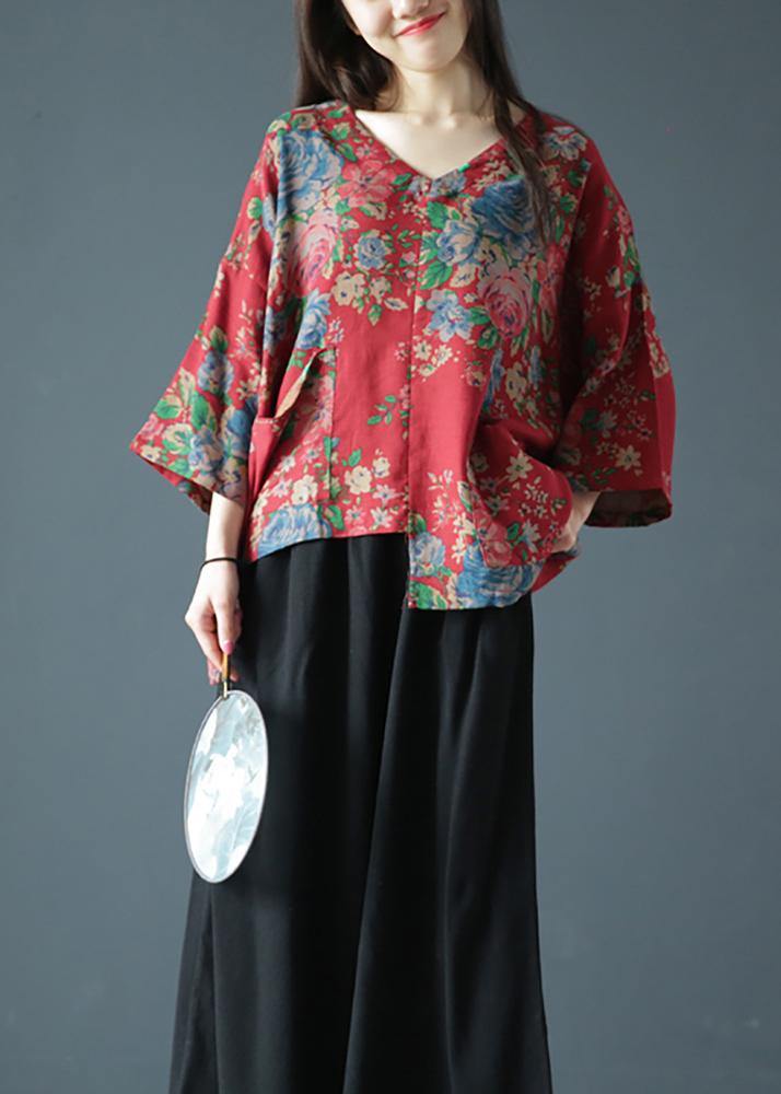 Unique v neck asymmetric clothes red print Dresses blouses