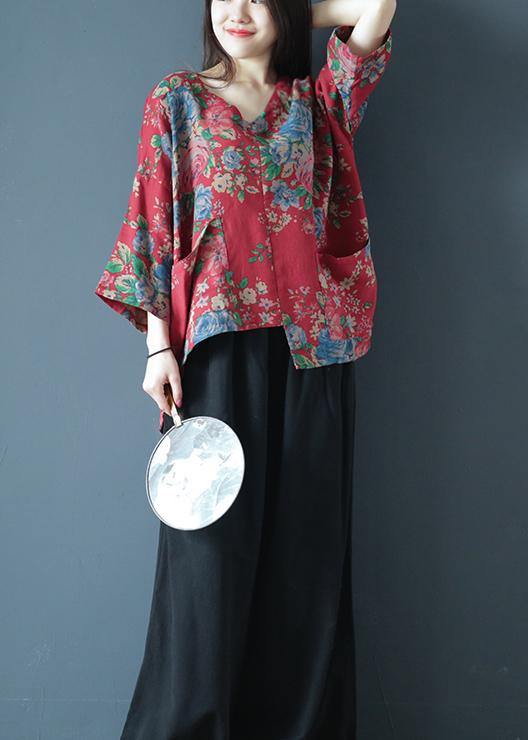 Unique V Neck Asymmetric Clothes Red Print Dresses Blouses